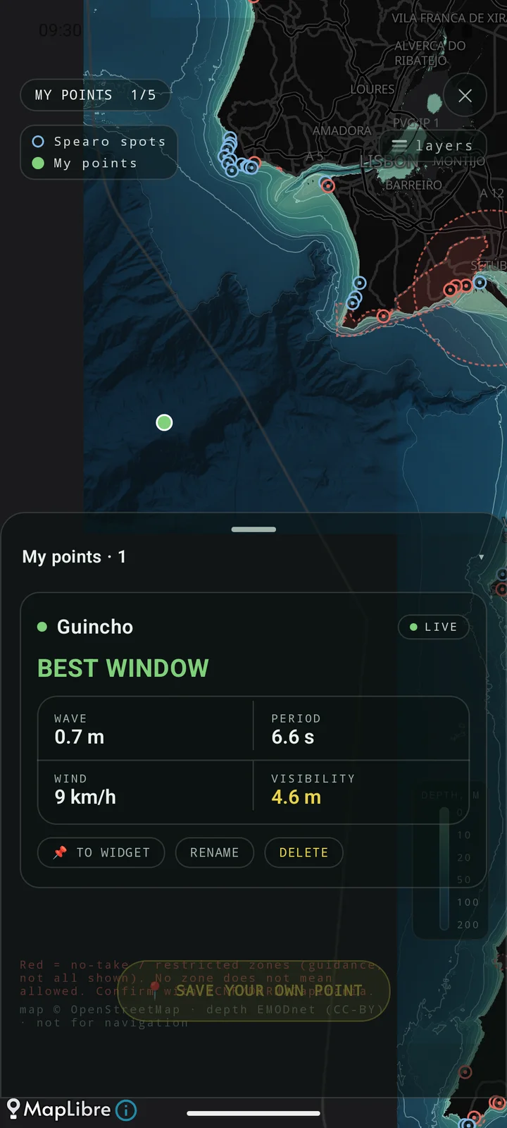 Spearo map: public spots and saving your own point with a long press