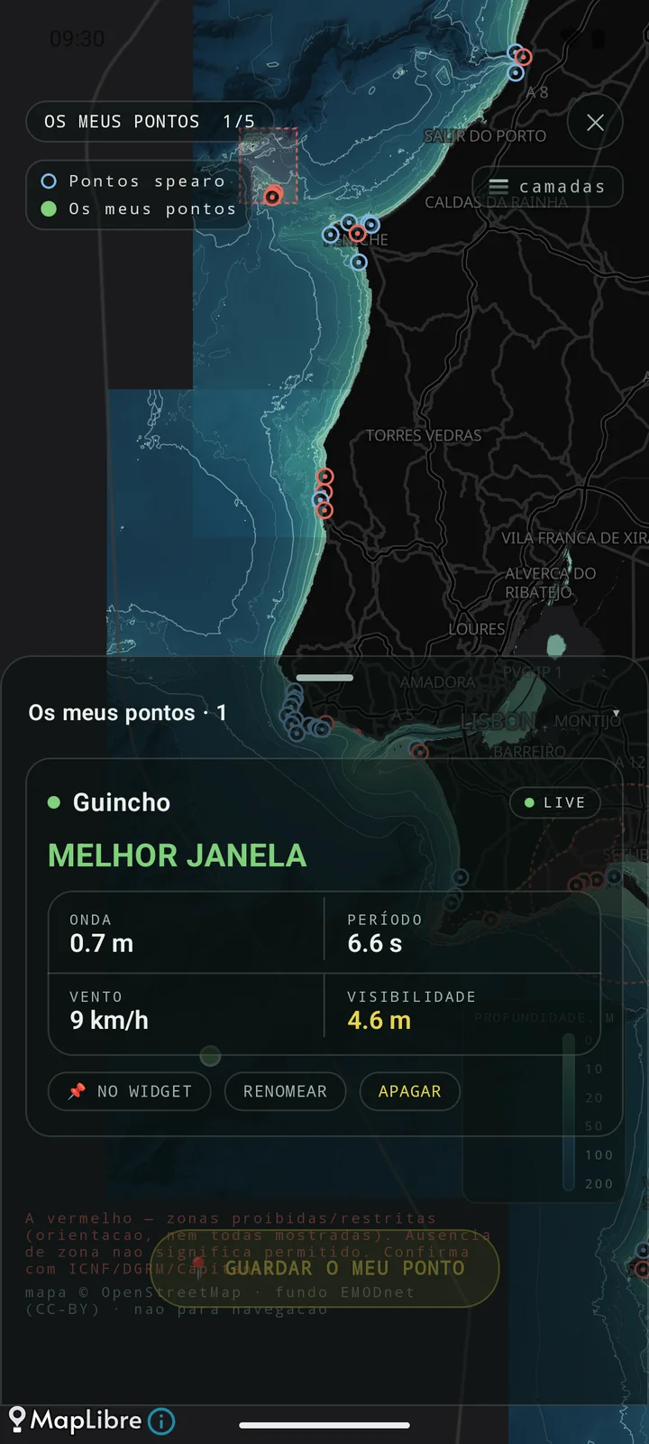 Mapa da Spearo: spots públicos e gravação de um ponto próprio com toque longo