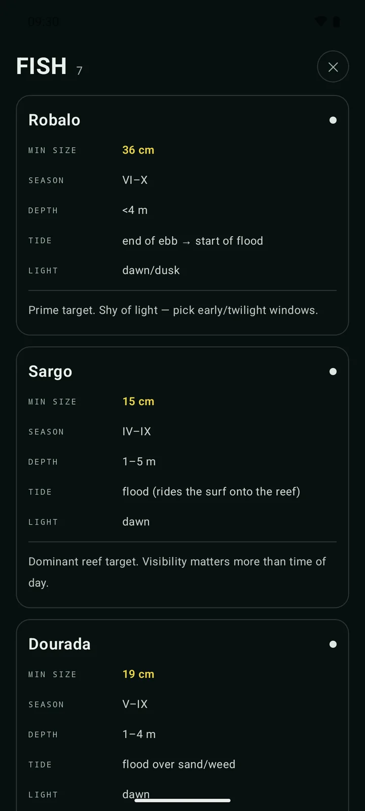 Spearo fish & season screen: species in season and minimum sizes