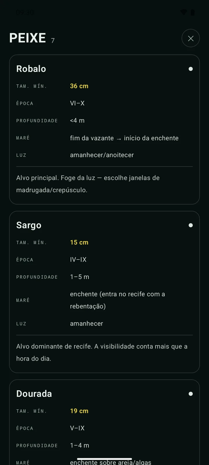 Ecrã «Peixe e época» na Spearo: espécies na época e tamanhos mínimos