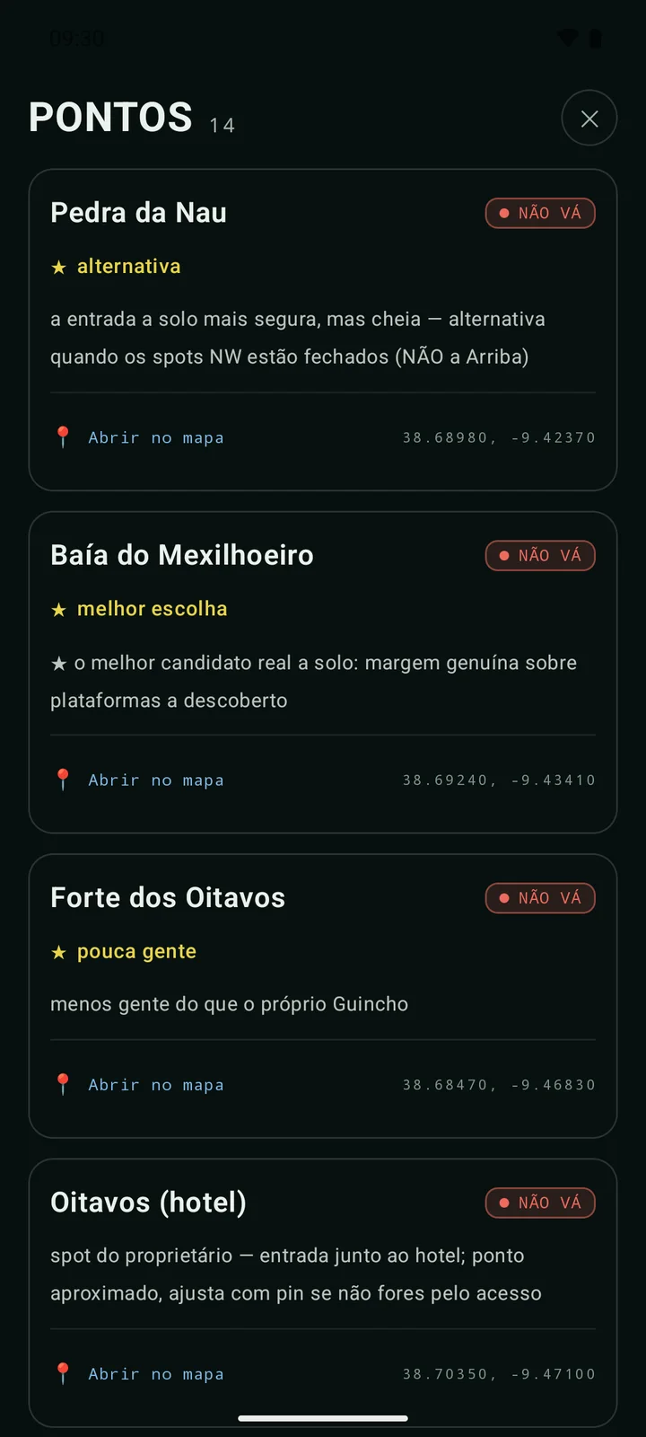 Ecrã de spots na Spearo: entradas pela costa com ordem de segurança